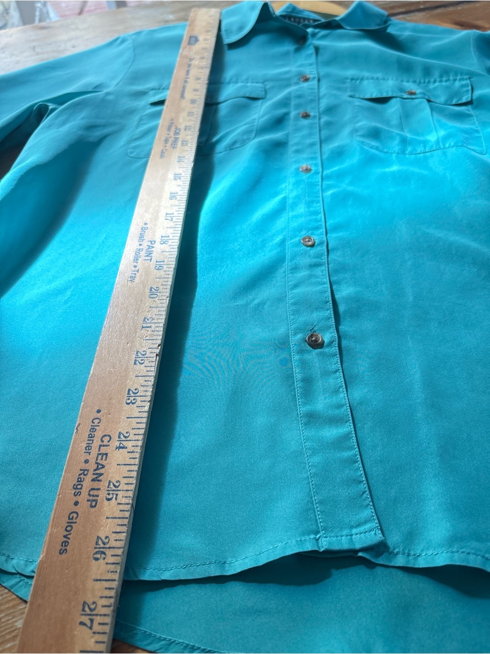 Lauren Ralph Lauren 100% Silk Button Up Shirt Large Turquoise Utility Blouse - Picture 7 of 11